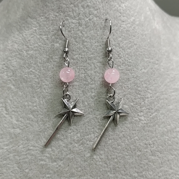 Gemstone Witch Hat Earrings Rose Quartz Aventurine Wand Earrings Stainless-Steel - Picture 3 of 9